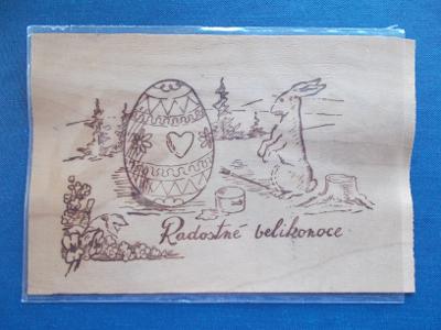 Dřevěná pohlednice dýha Lipta Veselé velikonoce kraslice zajíc 