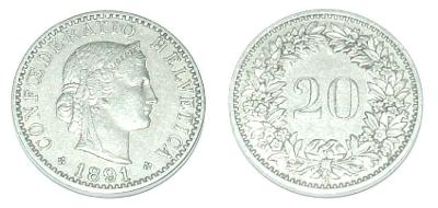 Švýcarsko 20 R 1891
