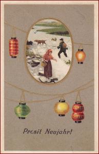 Lampion * žena, muž, lovec, pes, zima, tlačená, Nový rok * M4810
