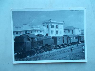 Pohlednice Albánie nádraží  Durrec  železnice vlak lokomotiva 1957