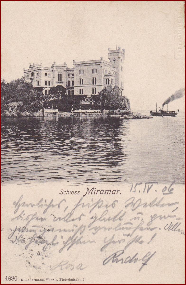 Miramare (Trieste) * pohled na zámek, lodě, parník * Itálie * Z970 - Pohlednice