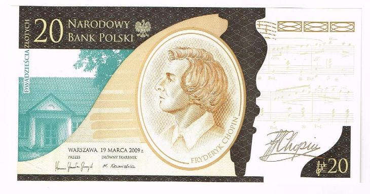 Polsko Fryderyk Chopin 20 zlotych UNC  - Bankovky