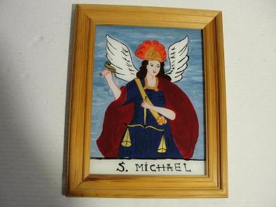 Starší obraz, obrázek ruční malba na zadní sklo-Sv. Michael, Rakousko