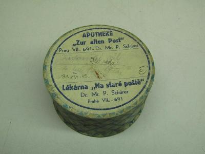 Starožitná papírová krabička od léku Lékárna na staré poště Praha 
