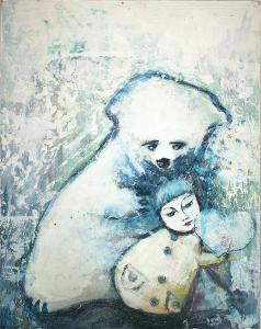 Obraz na sololitu, tempera, autorské dílo, medvěd a panenka