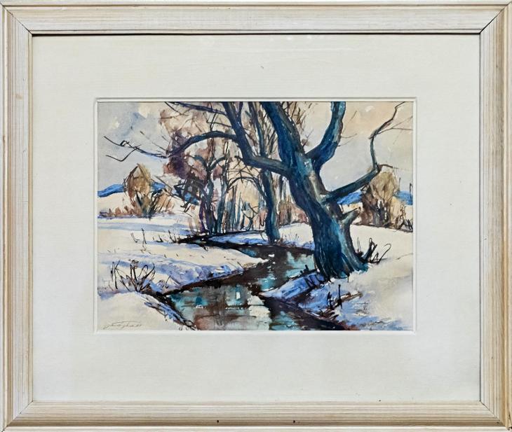 Obraz akvarel od J. Tykala, Zimní potok, retro bílý rám, originál