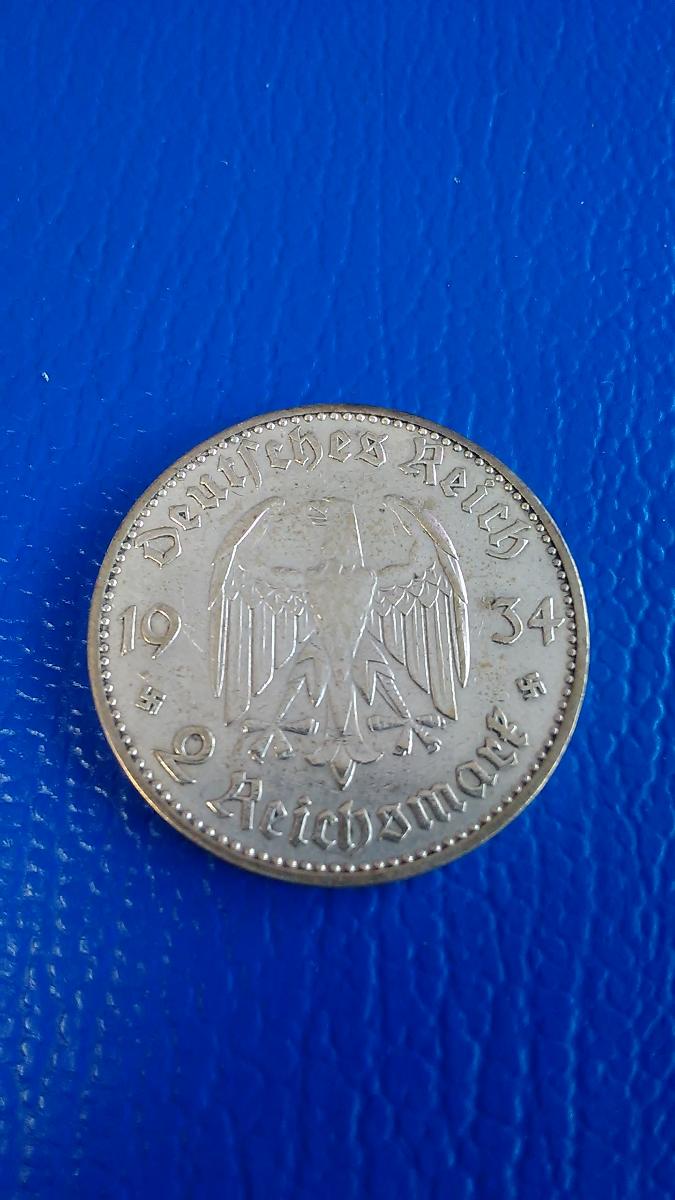 2 Reichsmark 1934 F - KOSTEL S DATEM ,stříbro - Numismatika