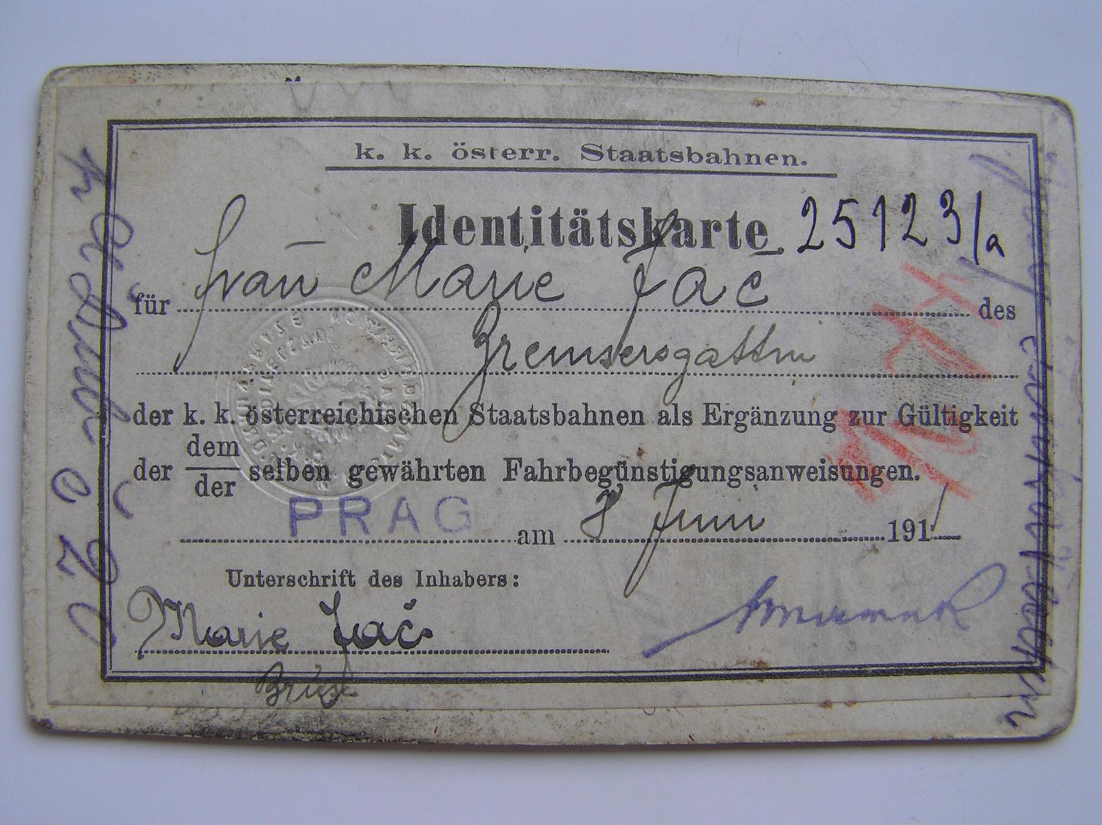 Fotografie/průkaz na dráhy RU 1911 Praha - Sběratelství