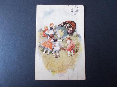 Umělecká pohlednice Velikonoce děti kuře kraslice Brunner Frýdek